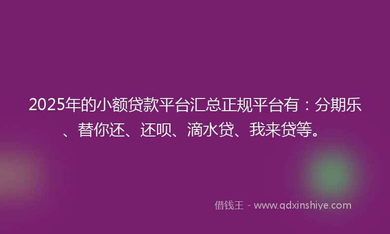 2025年的小额贷款平台汇总正规平台有：分期乐、替你还、还呗、滴水贷、我来贷等。