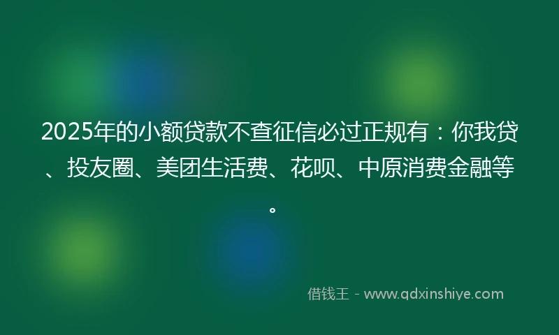 2025年的小额贷款不查征信必过正规有：你我贷、投友圈、美团生活费、花呗、中原消费金融等。