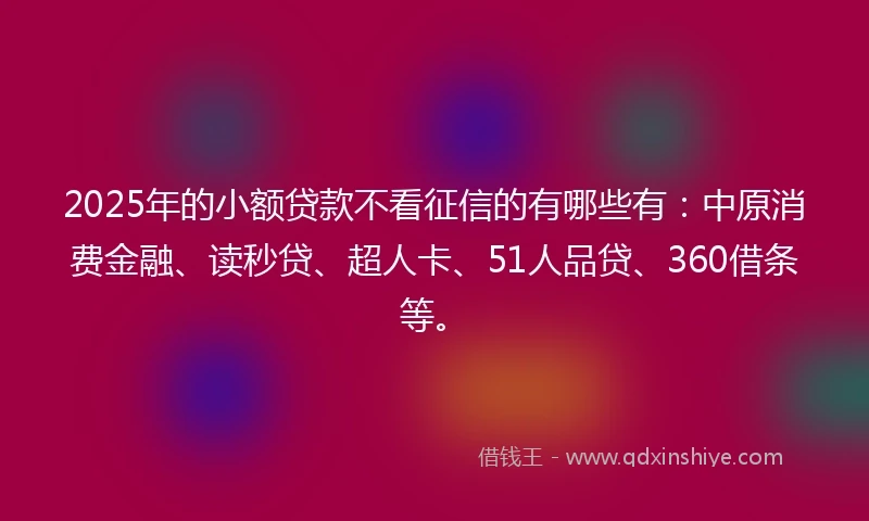2025年的小额贷款不看征信的有哪些有：中原消费金融、读秒贷、超人卡、51人品贷、360借条等。
