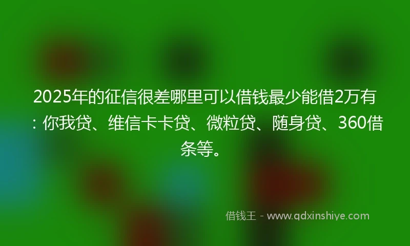 2025年的征信很差哪里可以借钱最少能借2万有：你我贷、维信卡卡贷、微粒贷、随身贷、360借条等。