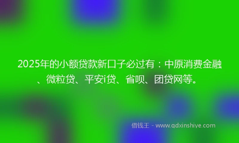 2025年的小额贷款新口子必过有:中原消费金融、微粒贷、平安i贷、省呗、团贷网等。