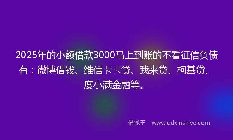 2025年的小额借款3000马上到账的不看征信负债有：微博借钱、维信卡卡贷、我来贷、柯基贷、度小满金融等。