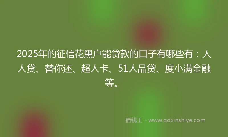 2025年的征信花黑户能贷款的口子有哪些有：人人贷、替你还、超人卡、51人品贷、度小满金融等。