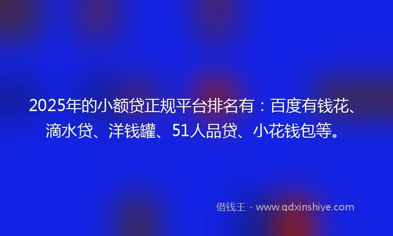 2025年的小额贷正规平台排名有：百度有钱花、滴水贷、洋钱罐、51人品贷、小花钱包等。
