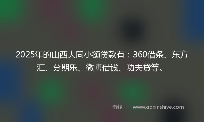 2025年的山西大同小额贷款有：360借条、东方汇、分期乐、微博借钱、功夫贷等。