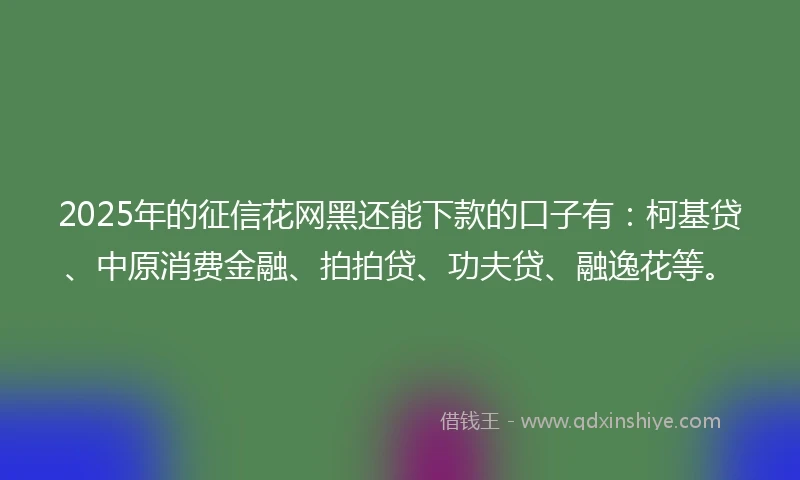 2025年的征信花网黑还能下款的口子有：柯基贷、中原消费金融、拍拍贷、功夫贷、融逸花等。
