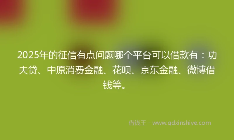2025年的征信有点问题哪个平台可以借款有：功夫贷、中原消费金融、花呗、京东金融、微博借钱等。