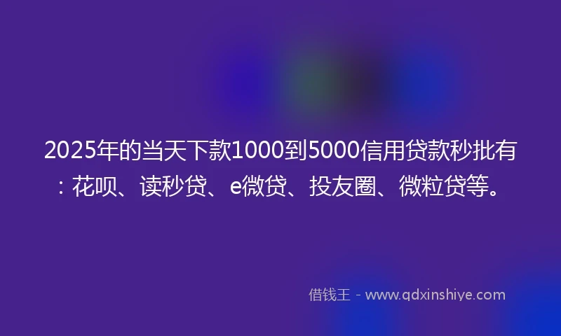 2025年的当天下款1000到5000信用贷款秒批有：花呗、读秒贷、e微贷、投友圈、微粒贷等。