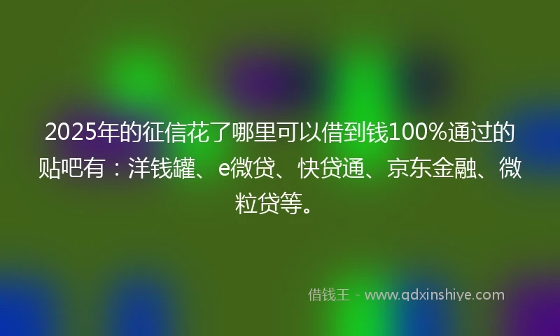 2025年的征信花了哪里可以借到钱100%通过的贴吧有：洋钱罐、e微贷、快贷通、京东金融、微粒贷等。