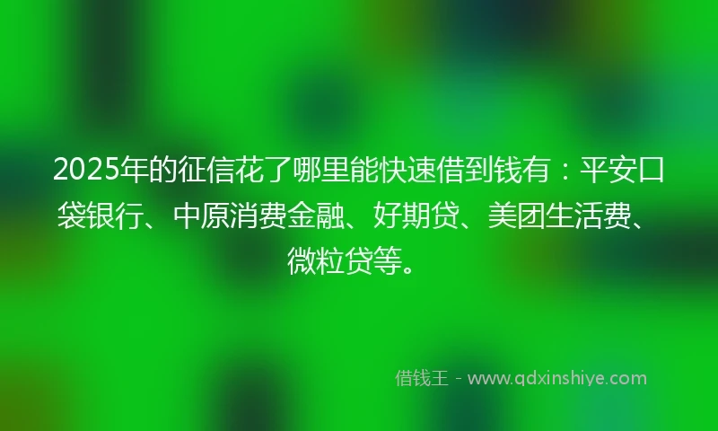 2025年的征信花了哪里能快速借到钱有：平安口袋银行、中原消费金融、好期贷、美团生活费、微粒贷等。