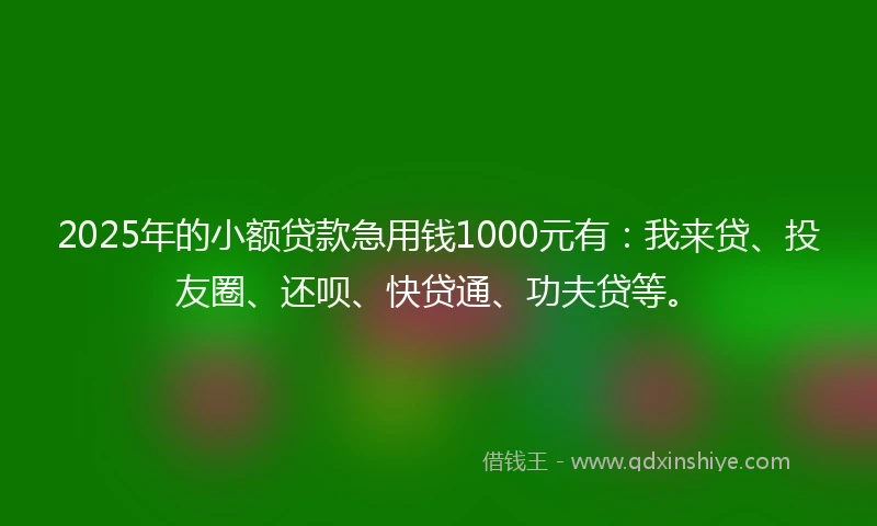 2025年的小额贷款急用钱1000元有：我来贷、投友圈、还呗、快贷通、功夫贷等。