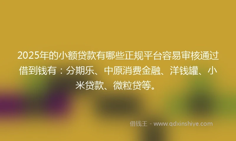 2025年的小额贷款有哪些正规平台容易审核通过借到钱有：分期乐、中原消费金融、洋钱罐、小米贷款、微粒贷等。