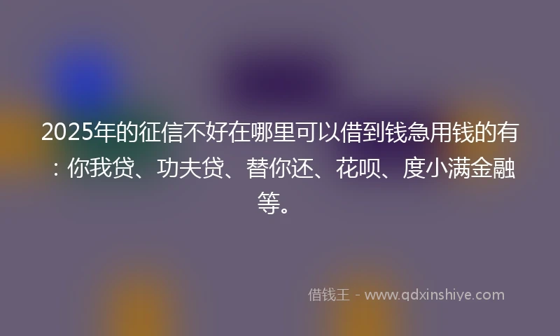 2025年的征信不好在哪里可以借到钱急用钱的有：你我贷、功夫贷、替你还、花呗、度小满金融等。