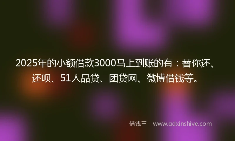 2025年的小额借款3000马上到账的有：替你还、还呗、51人品贷、团贷网、微博借钱等。