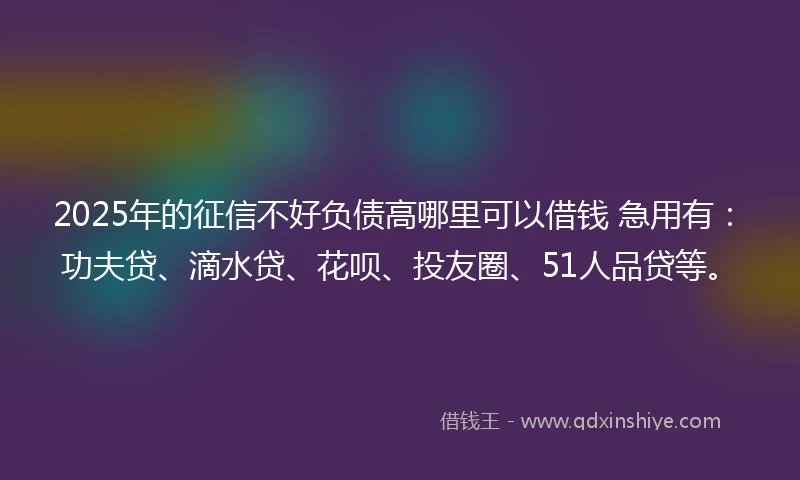 2025年的征信不好负债高哪里可以借钱 急用有：功夫贷、滴水贷、花呗、投友圈、51人品贷等。