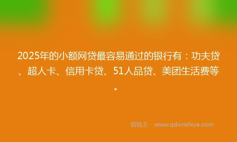 2025年的小额网贷最容易通过的银行有：功夫贷、超人卡、信用卡贷、51人品贷、美团生活费等。