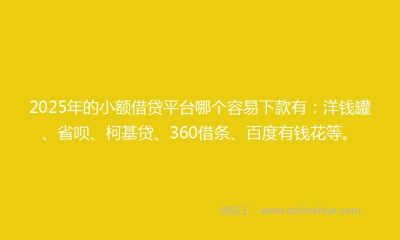 2025年的小额借贷平台哪个容易下款有：洋钱罐、省呗、柯基贷、360借条、百度有钱花等。