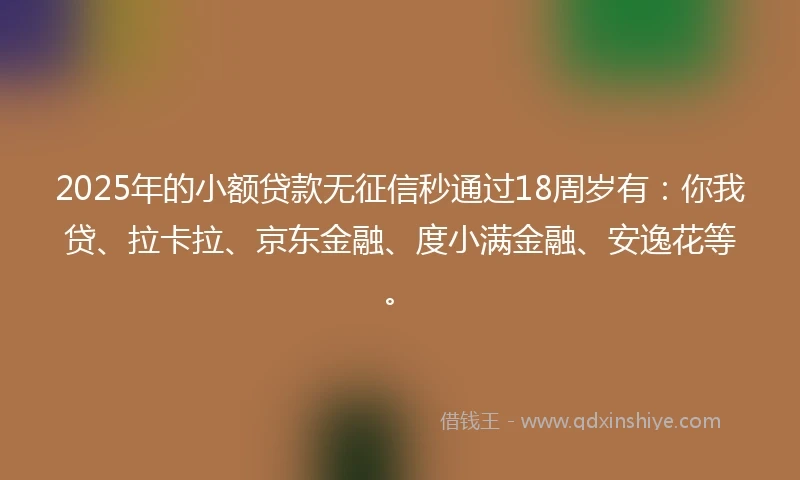 2025年的小额贷款无征信秒通过18周岁有：你我贷、拉卡拉、京东金融、度小满金融、安逸花等。