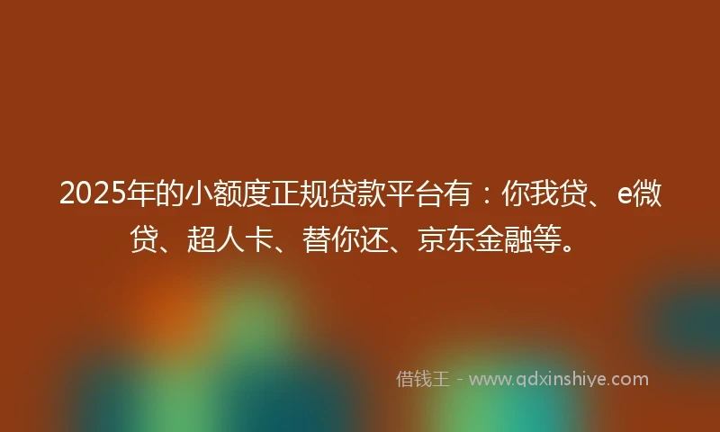 2025年的小额度正规贷款平台有：你我贷、e微贷、超人卡、替你还、京东金融等。