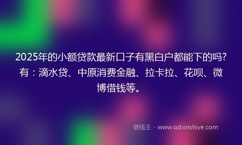 2025年的小额贷款最新口子有黑白户都能下的吗?有:滴水贷、中原消费金融、拉卡拉、花呗、微博借钱等。
