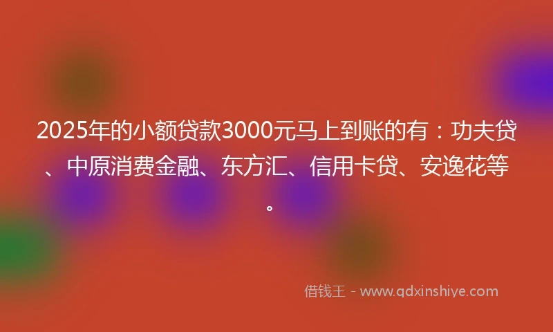 2025年的小额贷款3000元马上到账的有：功夫贷、中原消费金融、东方汇、信用卡贷、安逸花等。