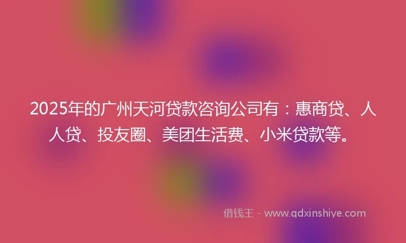 2025年的广州天河贷款咨询公司有：惠商贷、人人贷、投友圈、美团生活费、小米贷款等。