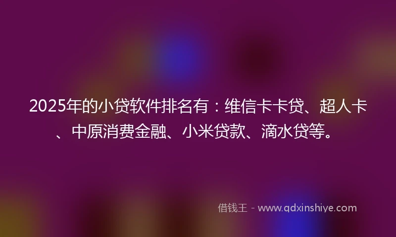 2025年的小贷软件排名有：维信卡卡贷、超人卡、中原消费金融、小米贷款、滴水贷等。