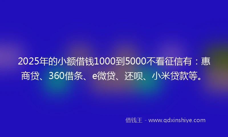 2025年的小额借钱1000到5000不看征信有：惠商贷、360借条、e微贷、还呗、小米贷款等。