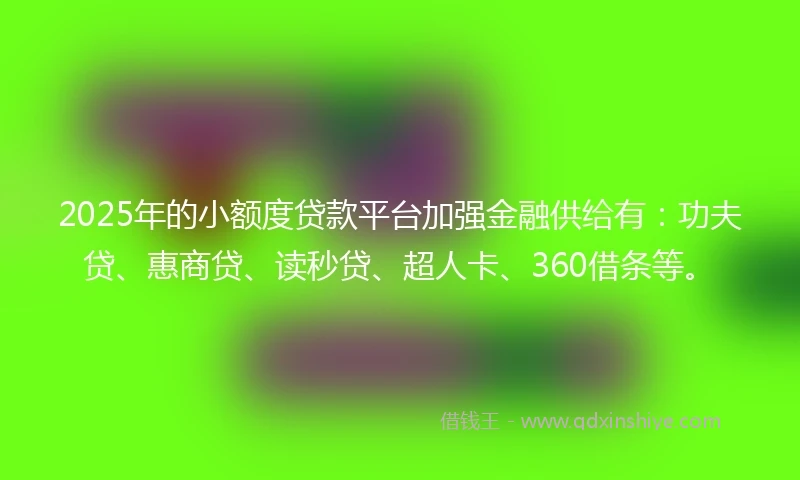 2025年的小额度贷款平台加强金融供给有：功夫贷、惠商贷、读秒贷、超人卡、360借条等。