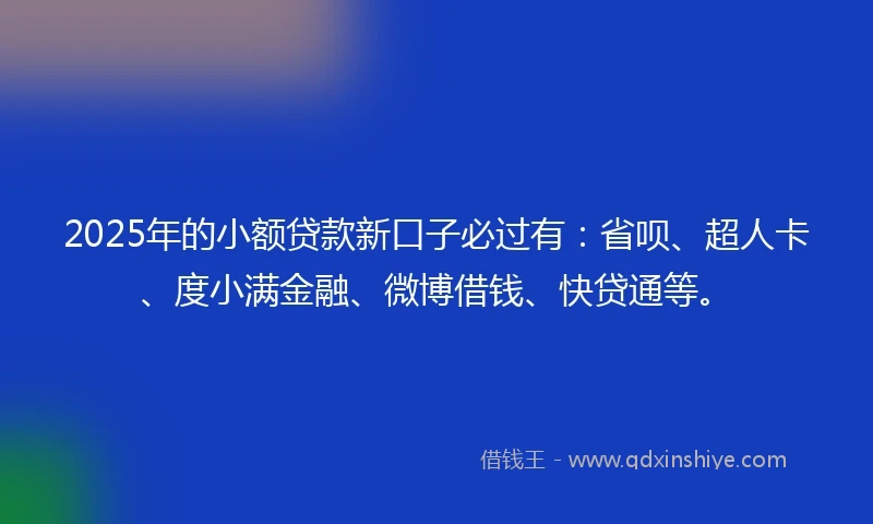 2025年的小额贷款新口子必过有：省呗、超人卡、度小满金融、微博借钱、快贷通等。