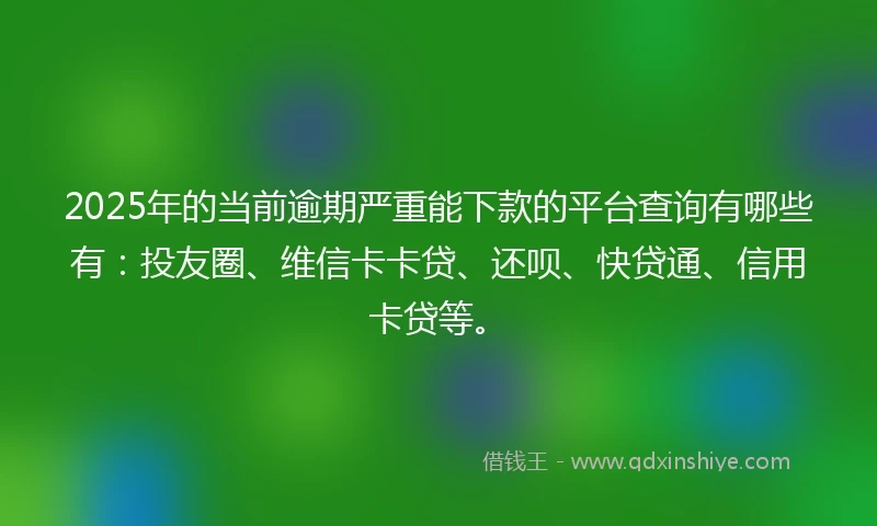 2025年的当前逾期严重能下款的平台查询有哪些有：投友圈、维信卡卡贷、还呗、快贷通、信用卡贷等。