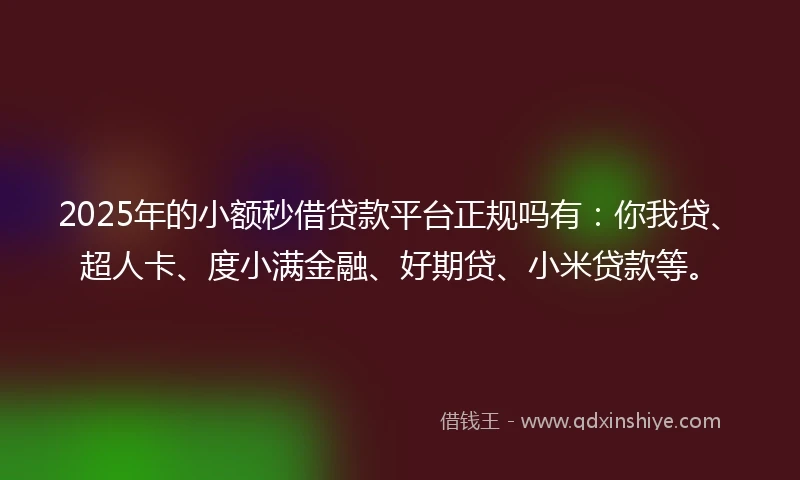 2025年的小额秒借贷款平台正规吗有：你我贷、超人卡、度小满金融、好期贷、小米贷款等。