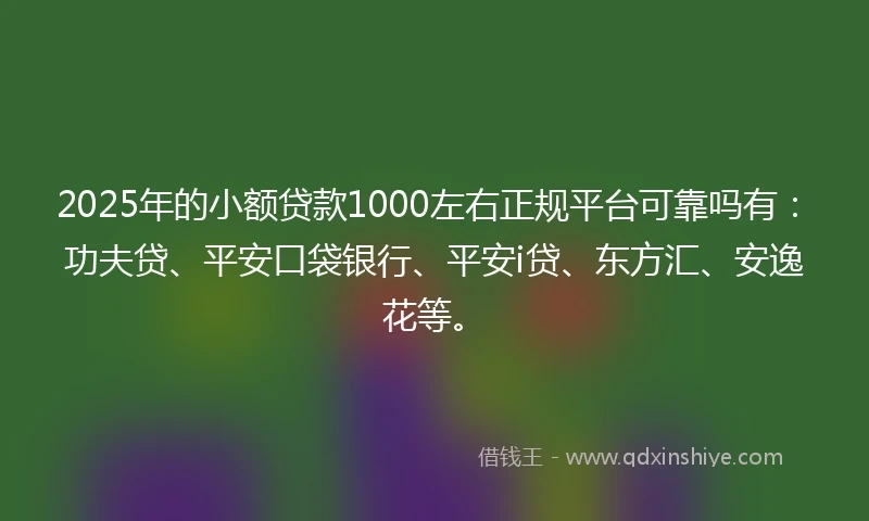 2025年的小额贷款1000左右正规平台可靠吗有：功夫贷、平安口袋银行、平安i贷、东方汇、安逸花等。