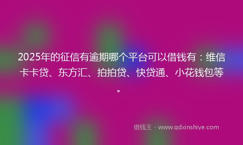 2025年的征信有逾期哪个平台可以借钱有:维信卡卡贷、东方汇、拍拍贷、快贷通、小花钱包等。