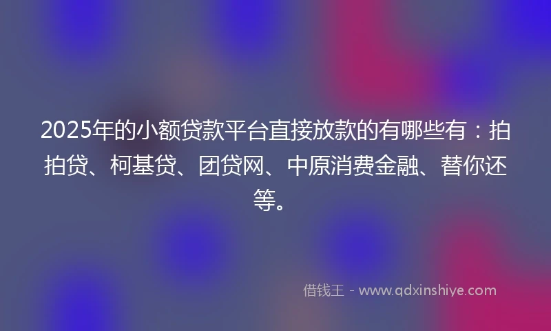 2025年的小额贷款平台直接放款的有哪些有：拍拍贷、柯基贷、团贷网、中原消费金融、替你还等。