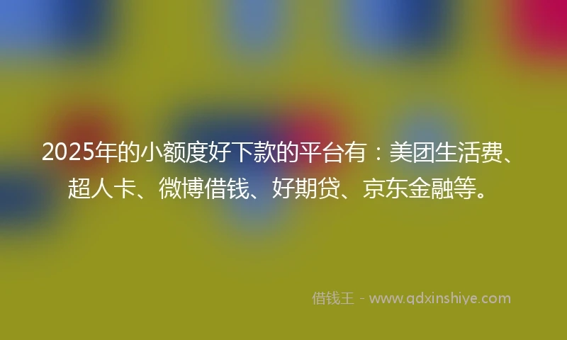 2025年的小额度好下款的平台有：美团生活费、超人卡、微博借钱、好期贷、京东金融等。
