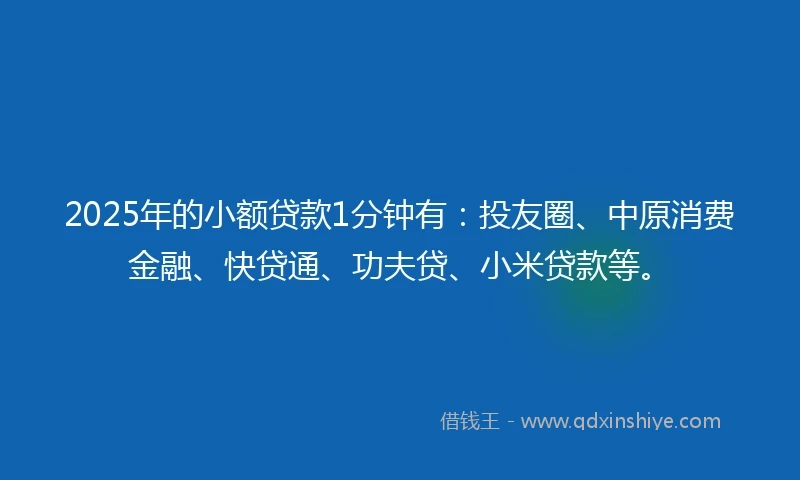 2025年的小额贷款1分钟有：投友圈、中原消费金融、快贷通、功夫贷、小米贷款等。