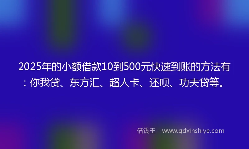 2025年的小额借款10到500元快速到账的方法有：你我贷、东方汇、超人卡、还呗、功夫贷等。