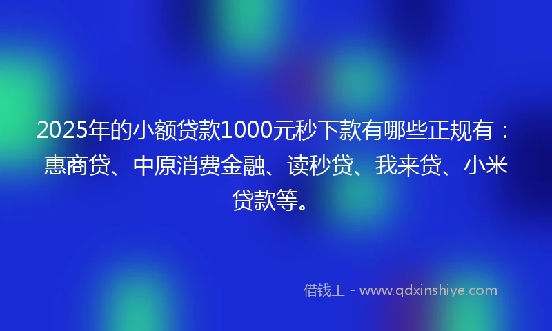 2025年的小额贷款1000元秒下款有哪些正规有：惠商贷、中原消费金融、读秒贷、我来贷、小米贷款等。