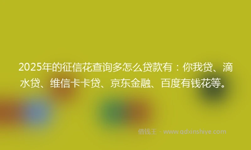 2025年的征信花查询多怎么贷款有：你我贷、滴水贷、维信卡卡贷、京东金融、百度有钱花等。