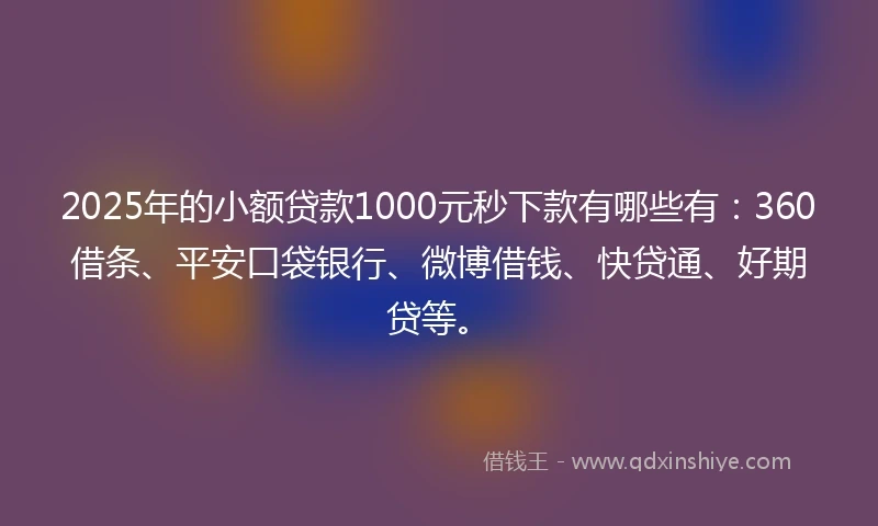 2025年的小额贷款1000元秒下款有哪些有：360借条、平安口袋银行、微博借钱、快贷通、好期贷等。