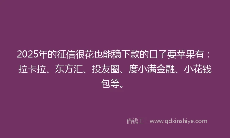 2025年的征信很花也能稳下款的口子要苹果有：拉卡拉、东方汇、投友圈、度小满金融、小花钱包等。