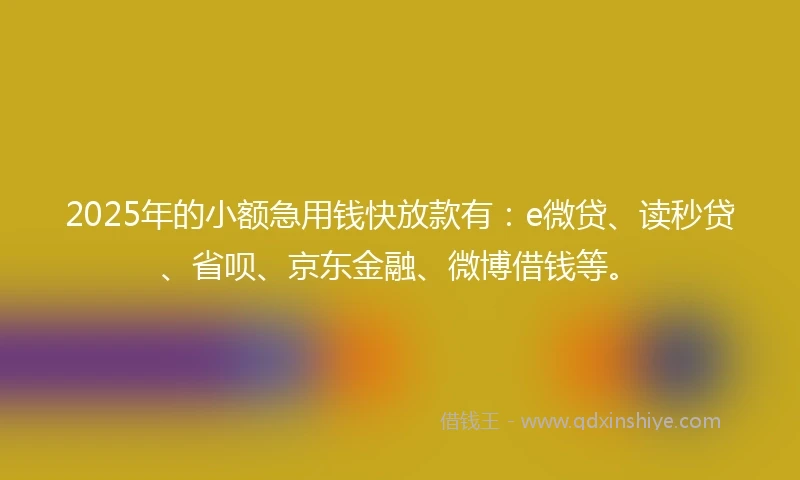 2025年的小额急用钱快放款有：e微贷、读秒贷、省呗、京东金融、微博借钱等。