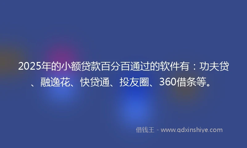 2025年的小额贷款百分百通过的软件有：功夫贷、融逸花、快贷通、投友圈、360借条等。