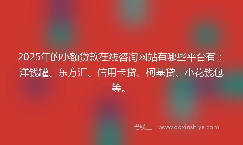 2025年的小额贷款在线咨询网站有哪些平台有：洋钱罐、东方汇、信用卡贷、柯基贷、小花钱包等。