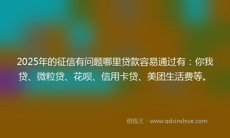 2025年的征信有问题哪里贷款容易通过有：你我贷、微粒贷、花呗、信用卡贷、美团生活费等。