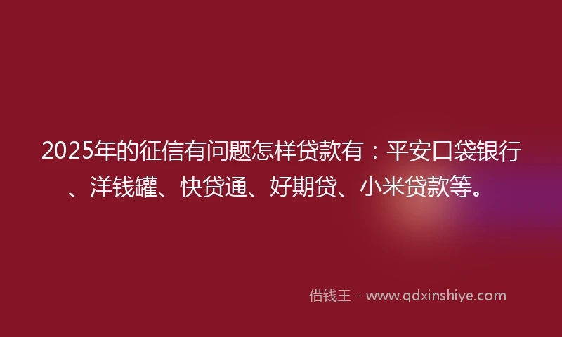 2025年的征信有问题怎样贷款有：平安口袋银行、洋钱罐、快贷通、好期贷、小米贷款等。