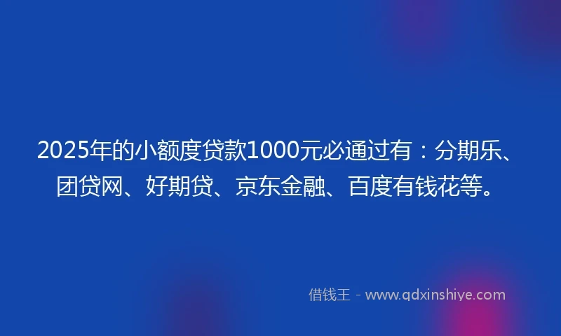 2025年的小额度贷款1000元必通过有：分期乐、团贷网、好期贷、京东金融、百度有钱花等。