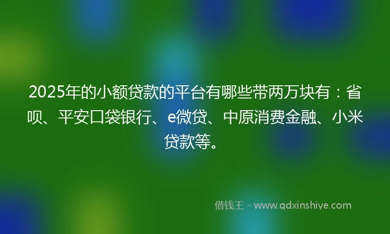 2025年的小额贷款的平台有哪些带两万块有:省呗、平安口袋银行、e微贷、中原消费金融、小米贷款等。