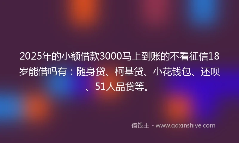 2025年的小额借款3000马上到账的不看征信18岁能借吗有：随身贷、柯基贷、小花钱包、还呗、51人品贷等。